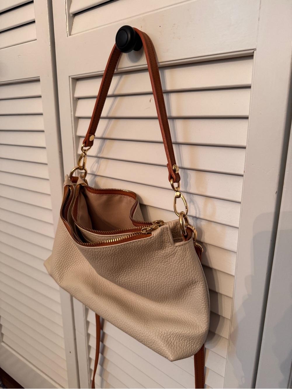 Valentina Cream Leather Shoulder Bag with Tan Accents
